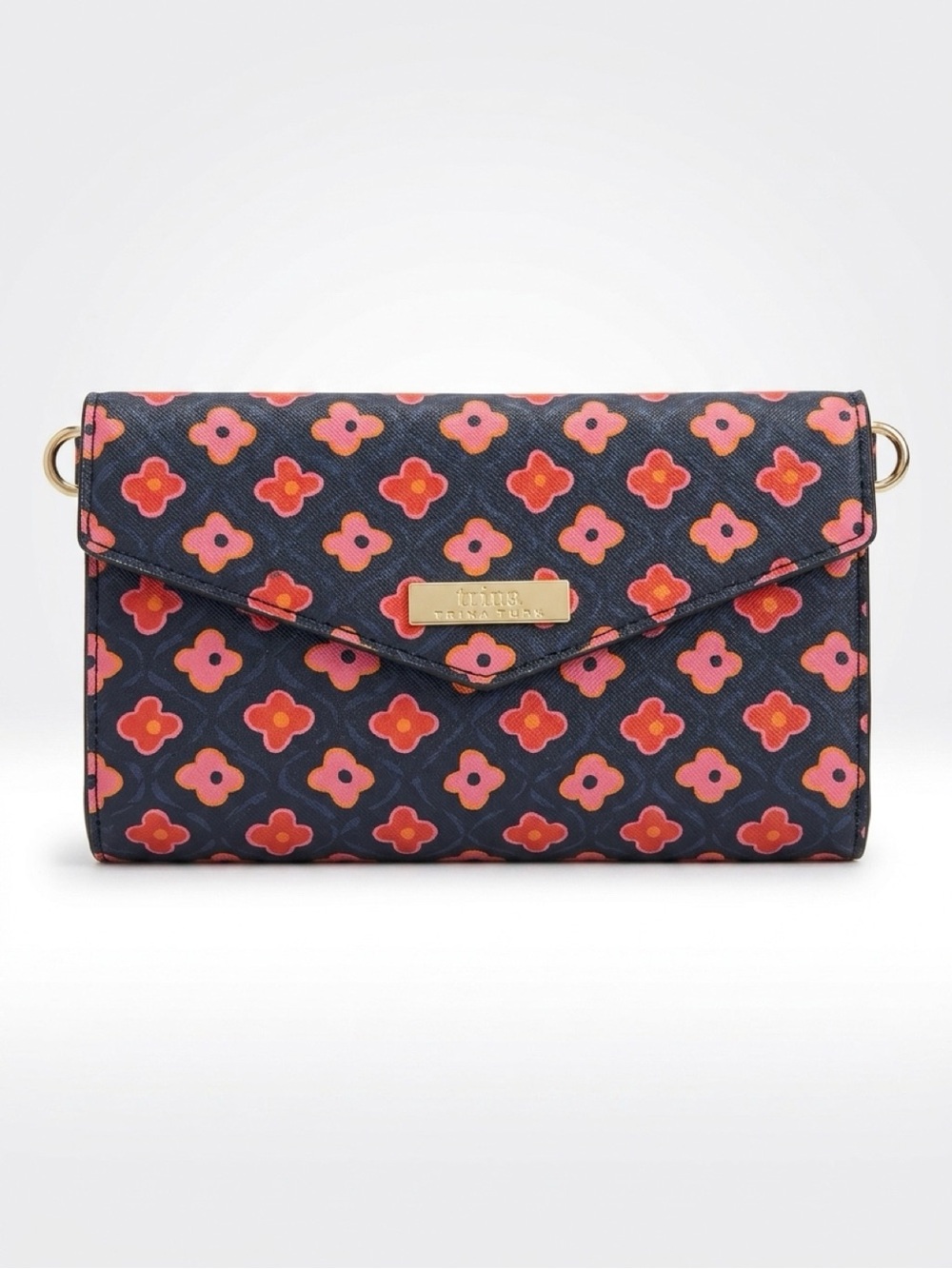 Trina Turk Black/Pink Floral Saffiano Leather Chain Crossbody Wallet